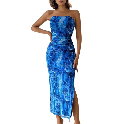 Image of Women's Tube Top Maxi Dresses Printed Tie Dye Strapless Bodycon Long Dress Split Side Sleeveless Party Elegant Outfits