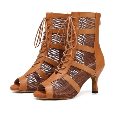 Image of AOQUNFS Women Ballroom Dance Shoes Lace-up Open Toe Ankle Boots Salsa Latin Dance Heels