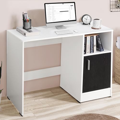 Image of ABOUT SPACE Study Table with Bottom Storage - WFH /Office Computer Table for Laptop, PC, Working, Drawing for Home Office Desk Engineering Wood(White & Black Mahogany- L 95 x B 45 x H 75 cm)