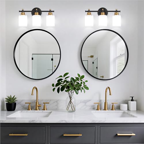 Image of 3-Light Bathroom Vanity Light, Black and Gold Vanity Lights for Bathroom with Milky White Glass Shade, Vanity Light Fixture Over Mirror, Modern Style, 16 Inch Compact, E26 Base