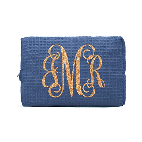 WEDDINGSTAR Women's Customizable Cotton Waffle Makeup Bag - Monogram Navy Blue