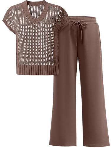 ANRABESS Women 2 Piece Lounge Sets Crochet Knit Sweater Vest