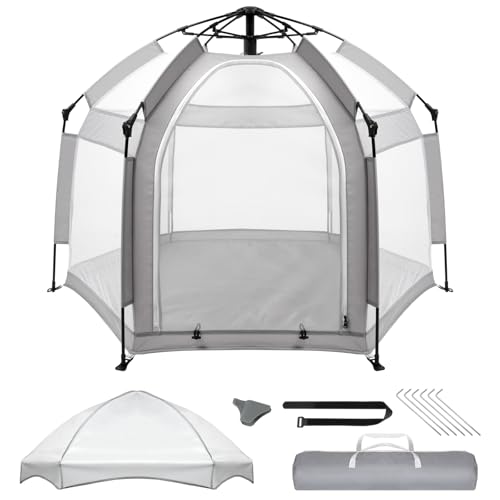 Palopalo Pop Up Baby Playpen with UPF50+ Canopy & Mosquito Net, Indoor & Outdoor Foldable Play Pen for Babies and Toddlers, Portable Baby Beach Tent with Travel Bag, Pop Up Pack and Play Yard, Grey
