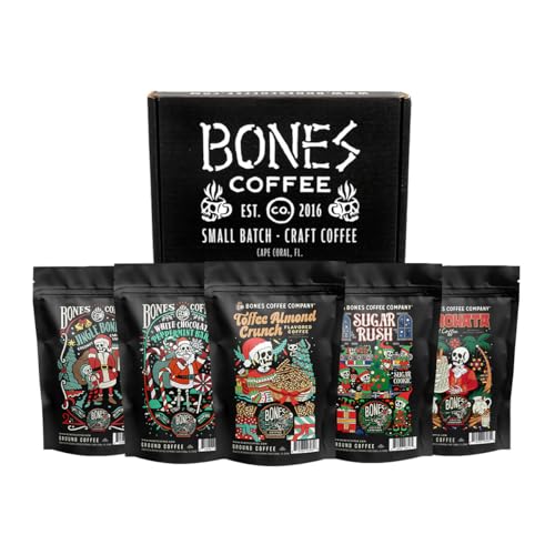 Bones Coffee Company Holiday Favorites Bundle, 5 Assorted Flavored Coffee Low Acid Medium Roast Arabica Beans Specialty Coffee Gifts, Auto Drip and French Press Compatible, 4 oz Pack of 5 Ground