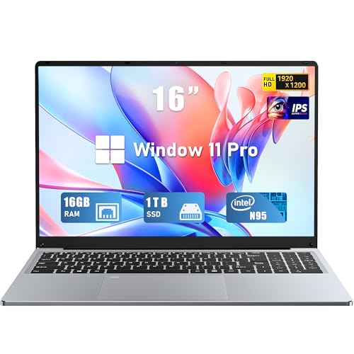 FUNYET Gaming Laptop, 16 Inch FHD Display (1920 x 1200), N95 Laptop Computer (up to 3.4GHz), 16GB RAM 1TB SSD, Supports 180 Angle Opening, Bluetooth, Backlit Keyboard, Windows 11 Pro