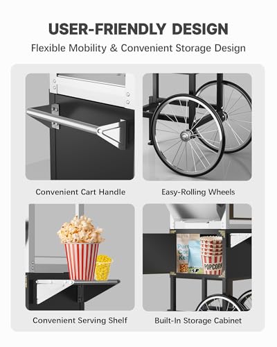 Image of 26 Oz Commercial Popcorn Machine with Cart, Large Popcorn Maker Machine Makes Up to 106 Cups, Movie Theater Pop Corn Machine with Stainless-Steel Kettle for School, Corporate, Institutional, Black
