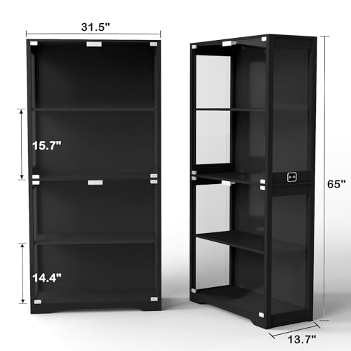 Aauro Home Display Cabinet with Glass Doors, Curio Cabinet with 3 LED Lights and Human Body Sensor, Bookcase with 4 Shelves Storage Cabinets, Black