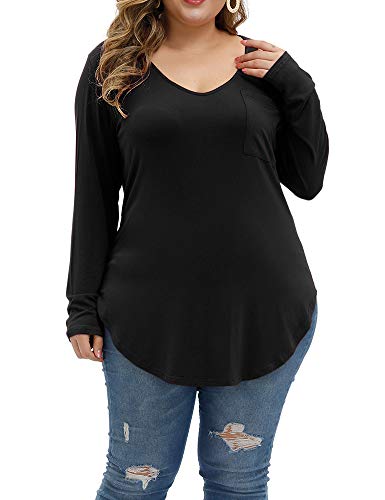 Allegrace Women's Plus Size Tops Long Sleeve Casual Scoop Collar Pocket T Shirts Black 4X