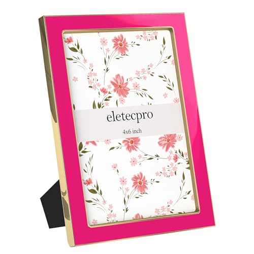 Image of eletecpro 4x6 Enamel Picture Frame with Real Glass Cover, Cute Photo Frame with Gold Metal Edge, Horizontal and Vertical Display Pictures 4 by 6 for Tabletop and Wall Decor, Rose Pink, 1 Pack