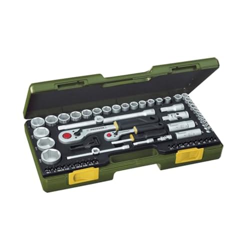 PROXXON Steckschlüsselsatz, Komplettsatz mit 1/4'' und 1/2''-Umschaltratsche sowie Schraubendrehergriff, 65-teiliges Werkzeug-Set für zöllige Schrauben mit Kunststoffkoffer, 23294