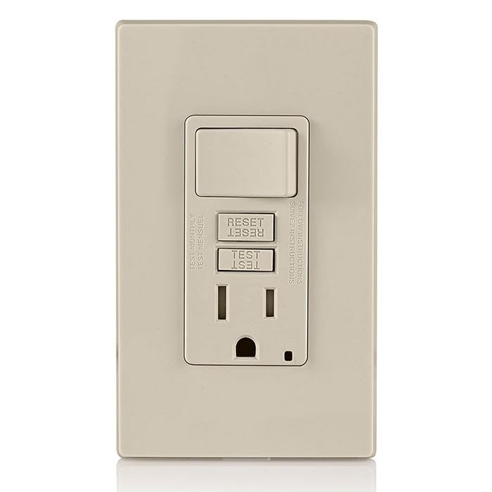 Image of Leviton GFCI Combination Outlet with Switch, 15 Amp, Self Test, Tamper-Resistant with LED Indicator Light, Saves Space, GFSW1-T, Light Almond
