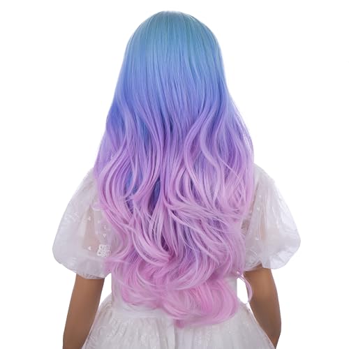 Image of Rainbow Wig for Kids Girls Long Colorful Wavy Curly Wig Children Multi Color Middle Part Wigs Heat Resistant Synthetic Wigs with Cap