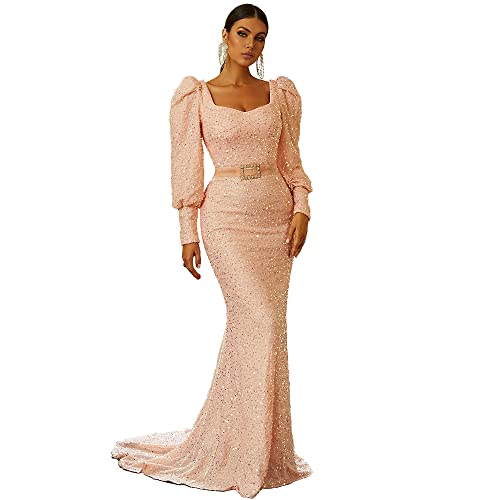 Lin Lin Q Women’s Elegant Sequin Long Sleeve Mermaid Prom Maxi Dress, Formal Rhinestone Evening Gowns With Belt Pink #TOP8