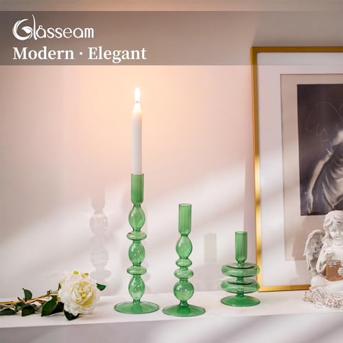 Glasseam Lot de 3 bougeoirs en verre verts pour bougies chandeliers, élégants bougeoirs pour centres de table, bougeoirs coniques pour décorations de dîner de Noël – vue 2