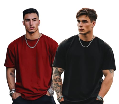 Image of Veirdo Solid Oversized 100% Pure Cotton Combo T-Shirt for Men & Boys (Half Sleeves, Round Neck, Drop Shoulder, Baggy Fit, Pack of 2, Available in S to 2XL