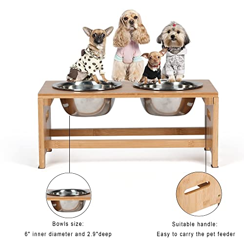 Bamboo Elevated Dog Bowls, Raised Dog Bowl Stand with 2 Stainless Steel Bowls, Pet Feeder for Food and Water, 7" Tall - Image 5