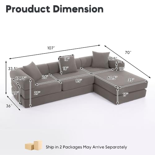 Image of 107 inch Modular Sectional Sofa Bed, L-Shape Corduroy Boneless Couch, Grey