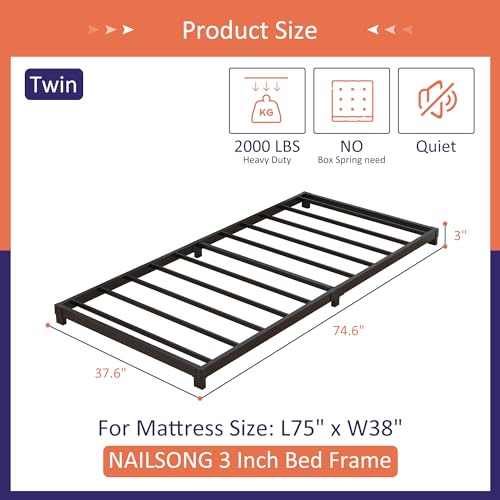 Image of Nailsong 3 Inch Twin Bed Frames Low Profile, Twin Platform Bed Frame