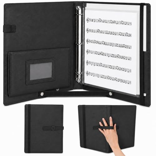 AllMyHomy Sheet Music Binder 3 Ring for Choir Choral Music Folder with Hand Strap & Pockets Organizes Letter Size 8.5 x 11 & A4 Sheets Organizer for Performances Concerts & Band Black