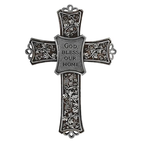 ICE ARMOR 7.5" H God Bless Our Decorative Cross in Silver Wall Plaque Holy Statue Sculpture Ornament Decoration Home/Room Decor Ideas