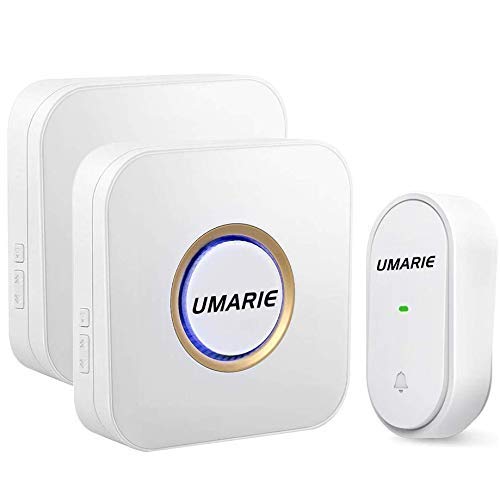 Timbre Inalámbrico sin Pilas para Puerta, IP55 Impermeable Timbre Wireless Exterior, Indicadores LED Flash, 150M de Alcance, 52 Melodías, 1 Transmisor y 2 Receptores Blanco-Umarie