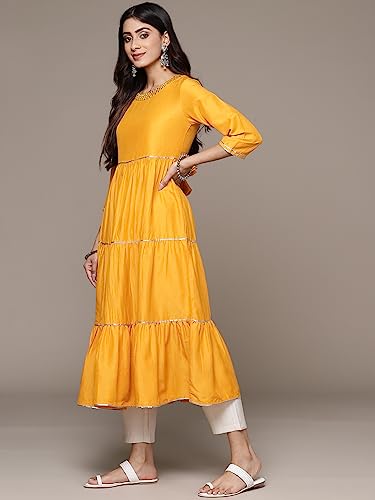 Image of ishin Women's Silk Embellished Yellow Anarkali Kurta