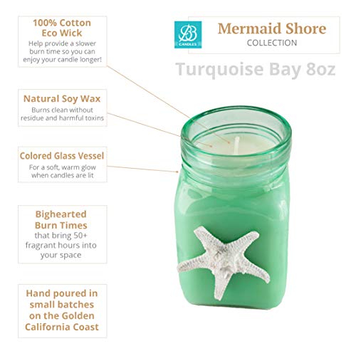 BB Candles Mermaid Shore Artisan Hand Poured Candle, Natural Soy Wax, Fragrant Coastal Candle with Strong Scents, 8oz, 50+ Hours Burn Time (Turquoise Bay Coconut Amber Scent, Green Jar) - Image 2