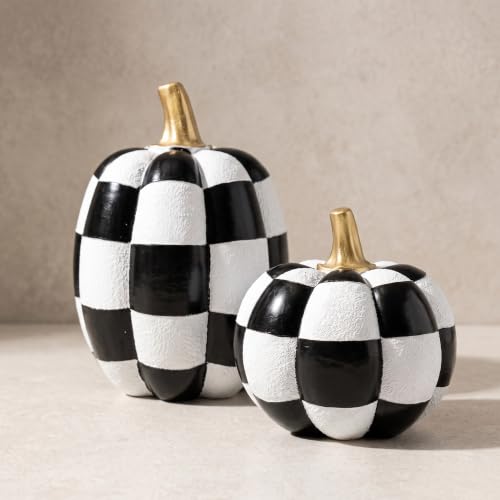 CRPQX Black and White Checkered Pumpkins with Gold Stem for Halloween Decor