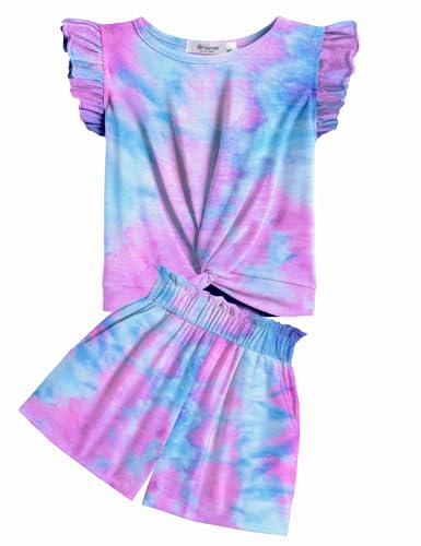 Image of Arshiner Girls Shorts Sets 2 Pieces Outfits Twist Front Ruffle Sleeve T-Shirts and Shorts With Pockets Cute Clothes Sets