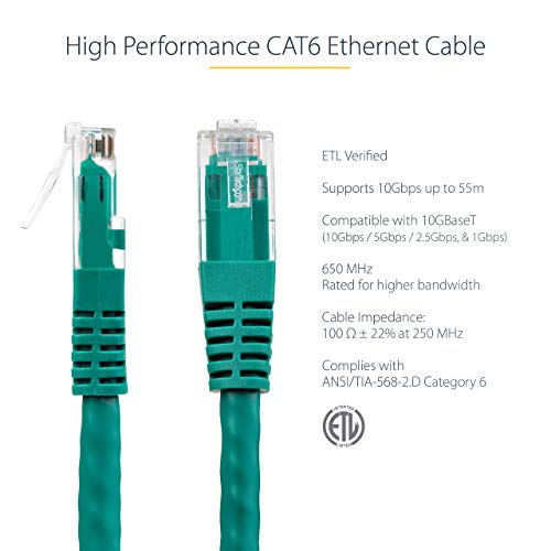 Image of StarTech 50ft CAT6 Ethernet Cable - Green CAT 6 Gigabit Ethernet Wire -250Mhz 100W PoE RJ45 UTP Molded Network Patch Cord with Strain Relief (C6PATCH50GN) | 250MHz bandwidth, Gold-plated RJ45, Patch Cable, Ethernet Cord, UTP Molded Network, Strain Relief, 10Gbps speeds
