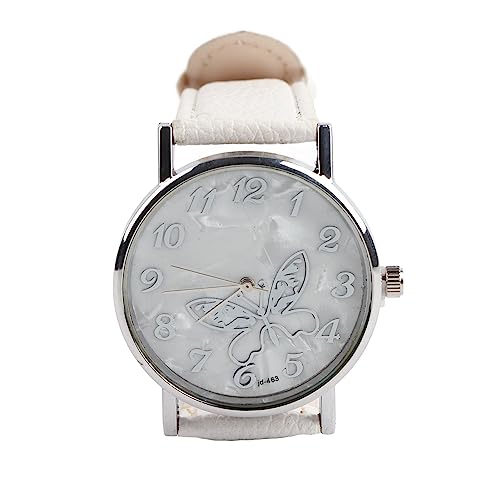 Sonew Reloj de Cuarzo de Las Mujeres Reloj de Pulsera analógico Femenino Redondo Correa de Cuero de la PU Reloj de diseño de Mariposa Simple de la Manera(White)