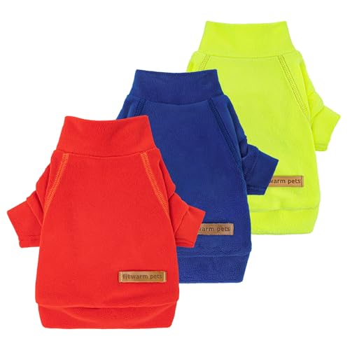 Image of Fitwarm 3 Pack Classic Fleece Dog Sweater, Winter Clothes for Small Dogs Boy Girl, Turtleneck Dog Sweatshirt, Pet Apparel, Orange Red, Royal Blue, Neon Yellow, XS