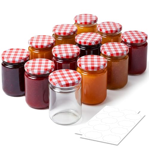 ComSaf Glass Jars with Lids 360ml 12 Pack Round Jam Jars with Red Gingham Lids Airtight Pickling Jars and Canning Jars for Family-Size Jam Chutney and Pickles Bulk Food Storage Jars with Labels