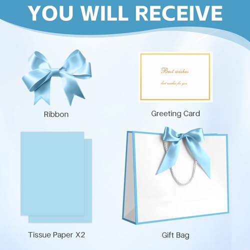 Image of JMANNI Gift Bags with Handles, 13 inch Medium Gift Bag for Presents, 1 Pcs Bags with 2 Tissue Paper and 1 Cards for Baby Shower Wedding Bridal Shower Mother's Day Birthday Party (White-Blue