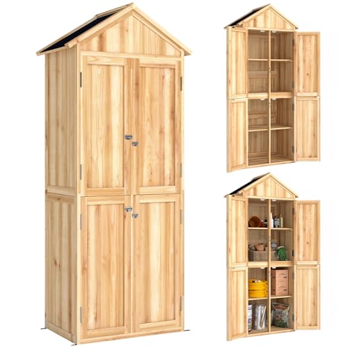 Outsunny Armoire de Jardin en Bois, Abri à Outils 190cm et 4 Portes - Rangement Extérieur Toit en Pointe en Asphalte - Cabane de Jardin avec Étagères Amovibles pour Terrasse Balcon, Bois Naturel