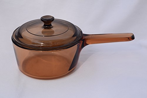 RARE Vintage Corning Ware Pyrex VISION Visions Visionware AMBER ALL GLASS 4 CUP 6 inch SAUCEPAN 1 Liter1 Quart Handle stamped MADE IN FRANCE