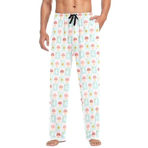 Mens Cotton Pajama Pants Sleep Lounge Pj Bottoms Sleepwear with Pockets Drawstring S Mushroom Moon Star