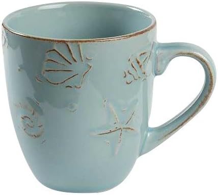 Thomson Pottery Cape Cod Embossed Seashell Design Aqua Blue Dinner Mugs, Set of 4