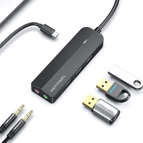 VENTION USB 3.0 Hub 3-Port USB Sound Card 2 in 1 External Stereo Audio Adapter 3.5mm with Headphone and Microphone High Speed for Laptop Computer Mac OS Windows Linux