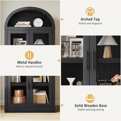 GarveeHome Arched Bookshelf with Doors Farmhouse Bookcase 15.83in Depth Display Storage Shelves 71.4in Tall Wooden Display Cabinet Rounded Bookcases for Living Room, Kitchen, Office (Black)