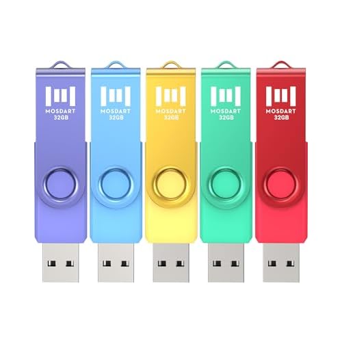 MOSDART 32GB USB2.0 Flash Drive, with Keychain Loop, Swivel Design with LED Light, FAT32 Memory Stick for Computers, System Backup, Data Storage, Vibrant Color(Pack of 5)