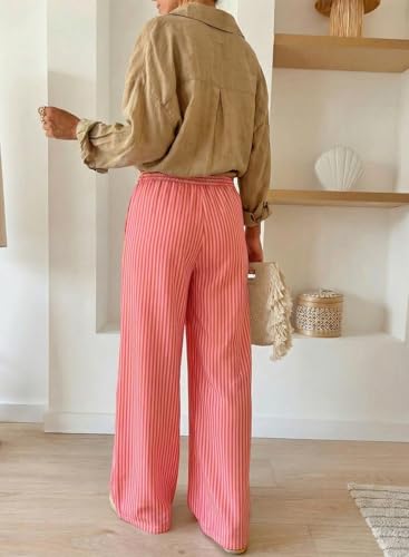 Image of Acelitt Women Casual Drawstring Elastic Waist Striped Wide Leg Pants with Pockets, S-XXL