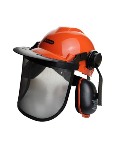 Forst Helm mit Gehörschutz & Visier | Forsthelm mit HDPE-Helmschale & Ratschensystem | Schutzhelm nach EN397, EN352-3, EN1731 | Forstarbeiten, Garten, Holzschnitt