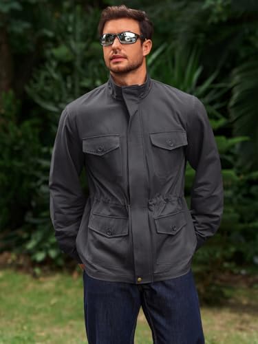 Runcati Mens Military Jacket Full Zip and Button Safari Field Jacket Multi Pocket Cargo Outdoor Coat4