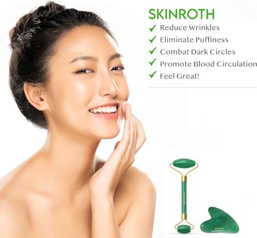 Image of Korean Jade Roller & Gua Sha Set | Anti-Aging Facial Roller | Original Guasha Stone From Korea | Beauty Massager For Slim V-Shape Face & Jawline Making Tool (Green)