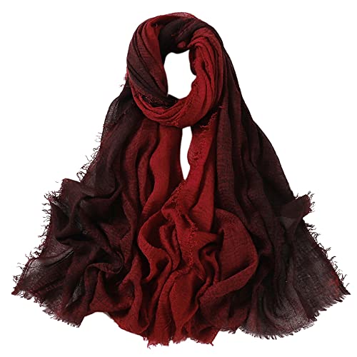 Belsen Fashion Two-Color Scarf Cotton Blend Crinkle Soft Wrap Shawl with Fringed Edges