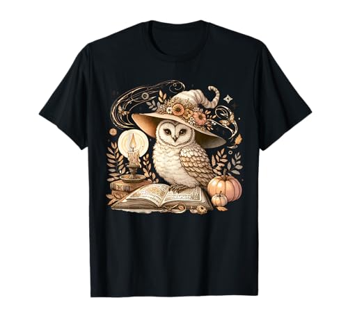 Cottagecore Owl Witch On Book Pumpkin Halloween T-Shirt