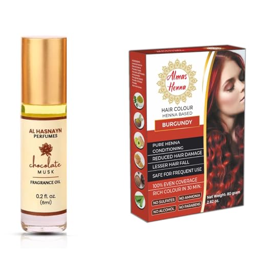 Almas henna color de cabello burdeos con perfume roll on musk de chocolate miniatura 1