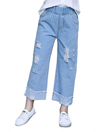 Kids Girls Soft Jeans Ripped Distressed Waistband High-Waisted Loose Straight Wide Leg Pants with Pockets