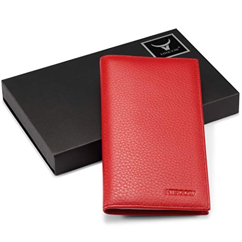 Image of HISCOW Slim Leather Checkbook Cover for Personal Checks, Pebbled Red, One Size | Full grain cowhide, transaction register & check book pockets, removable duplicate divider, durable stitching, gifts for men